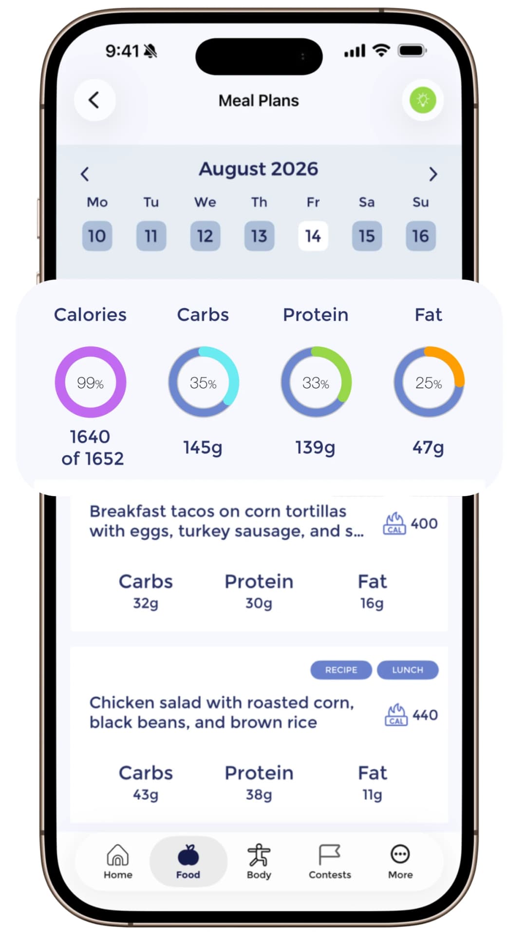 A Vygor meal plan for the day, with the calorie, carb, protein and fat totals lifted out of the screen.