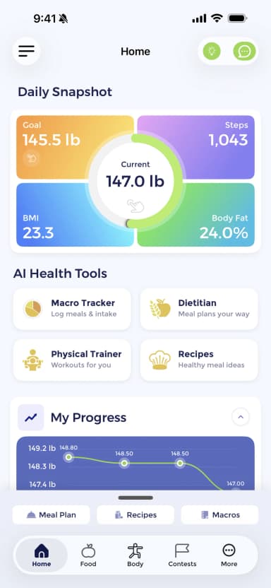 Vygor app home screen showing weight, goal, BMI and step tracking