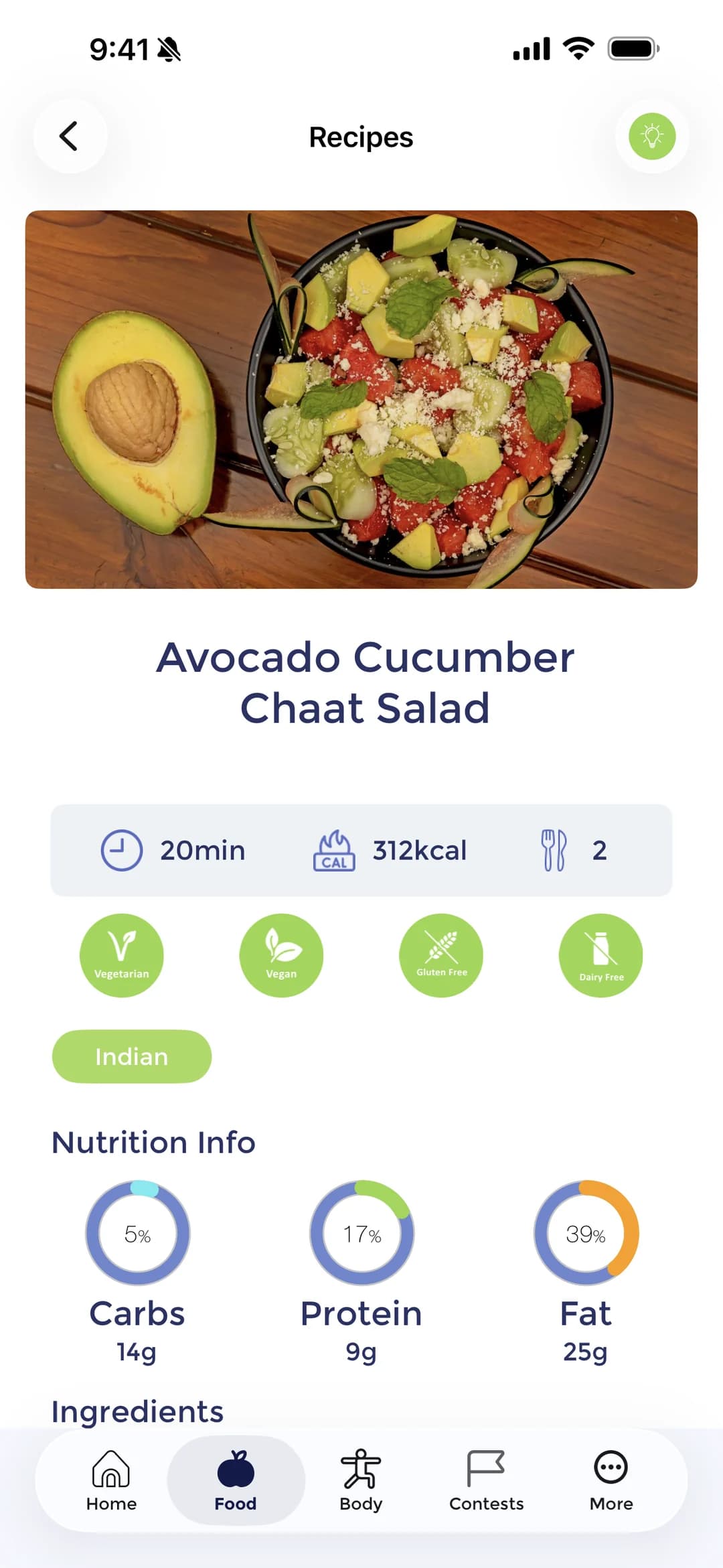 A Vygor recipe for an avocado cucumber chaat salad, with cook time, calories, dietary tags and a macro breakdown.