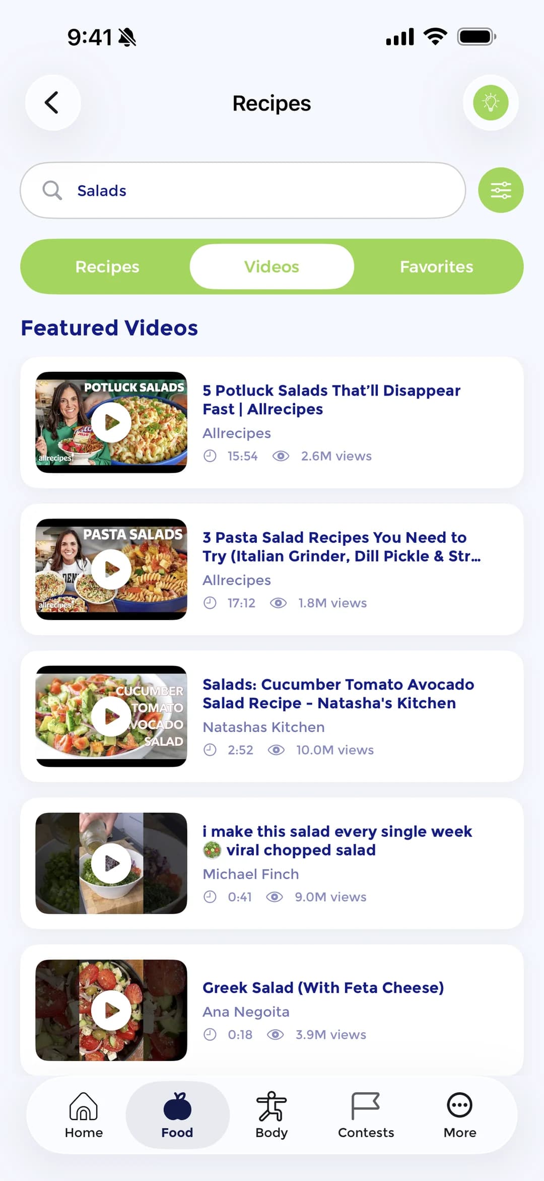 The videos tab of the Vygor recipe library, listing featured recipe videos with durations and view counts.