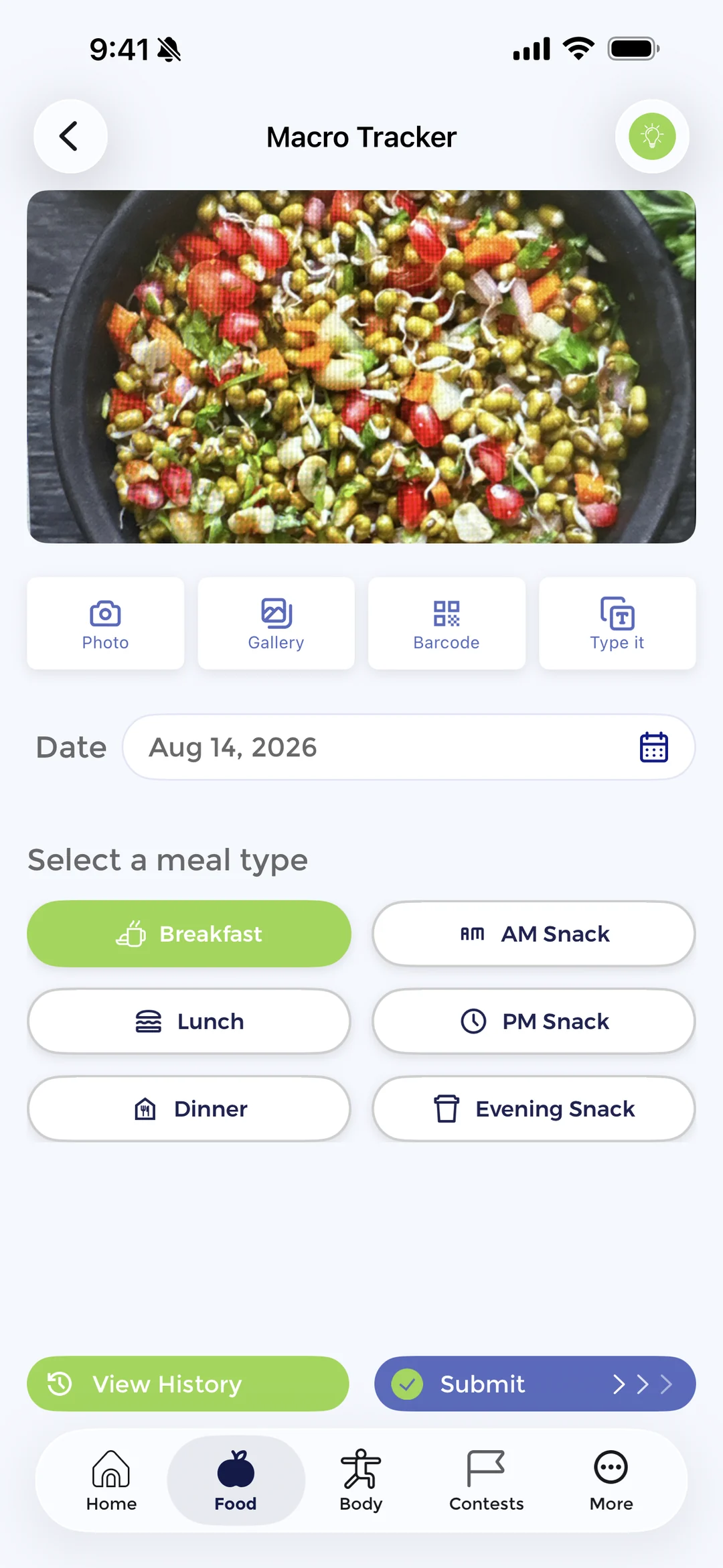 The Vygor macro tracker mid-log, with a photographed meal and the options to add it by photo, gallery, barcode or typing, then pick the meal type.