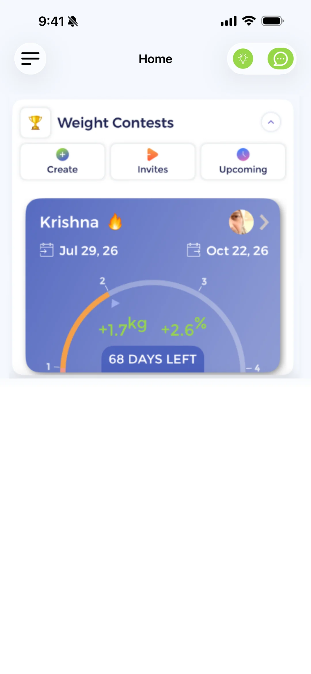 The Vygor home screen showing a live weight contest with its progress gauge, the dates it runs between and the days remaining.
