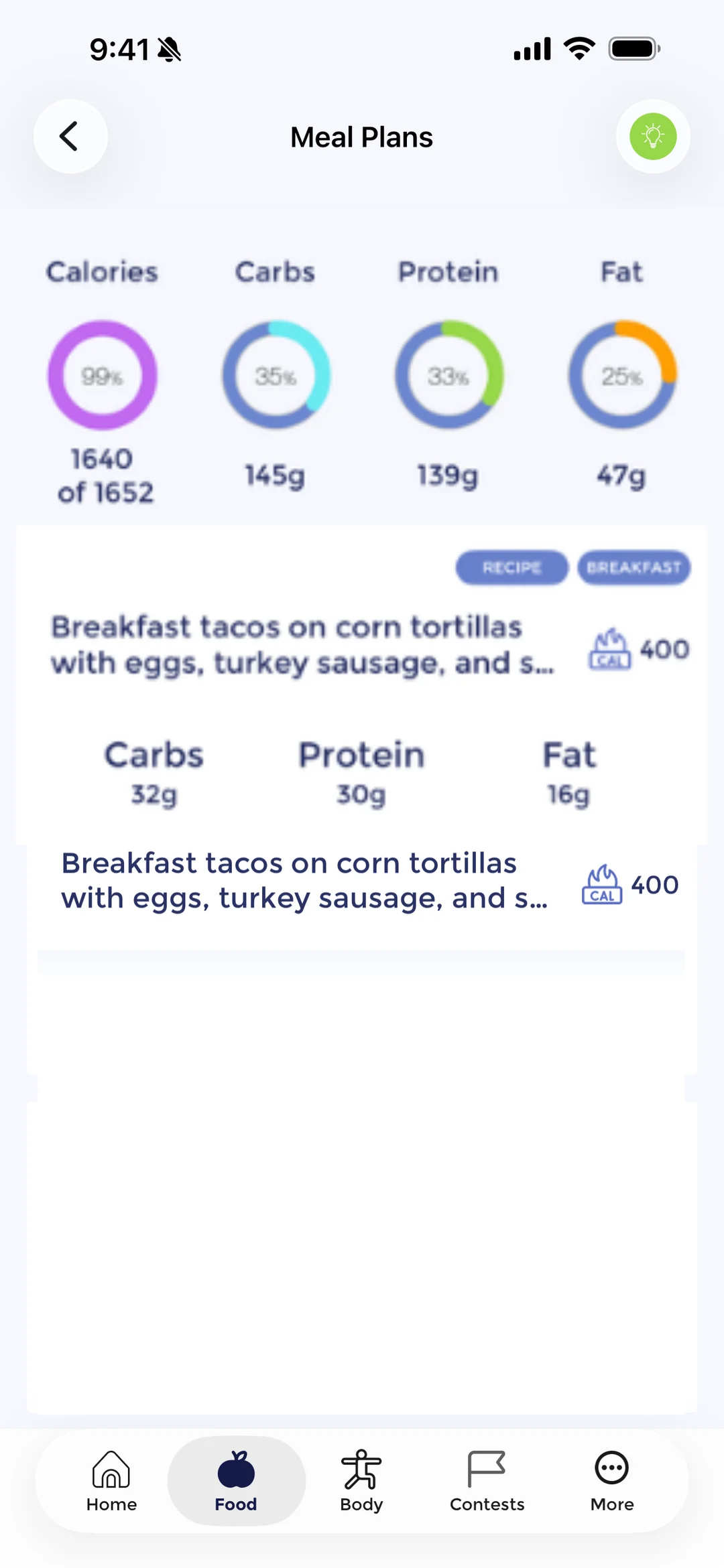 A Vygor meal plan showing the day's calorie, carb, protein and fat rings above a planned breakfast with its own macro breakdown.