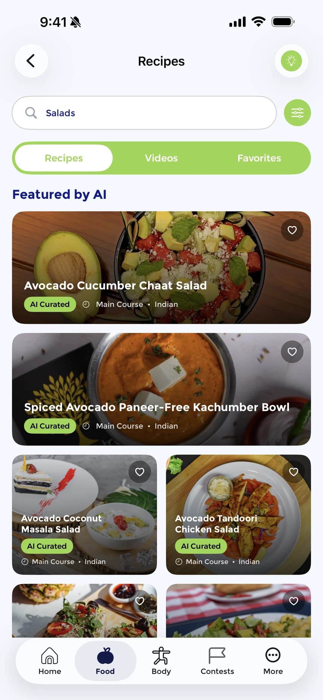The Vygor recipe library, showing AI-curated recipes with photos and tabs for recipes, videos and favourites.